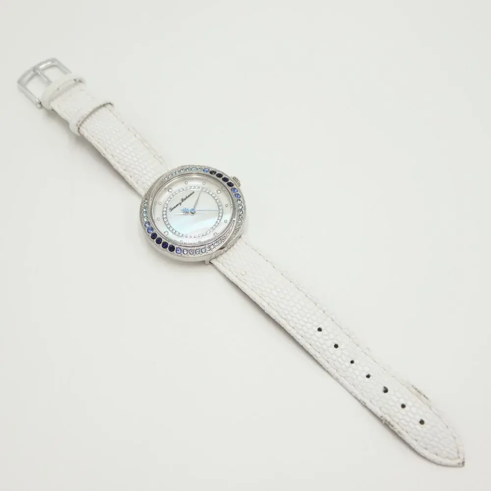 Tommy Bahama Silver Tone Blue Gem Set 35mm MOP Womens Watch Leather New Battery